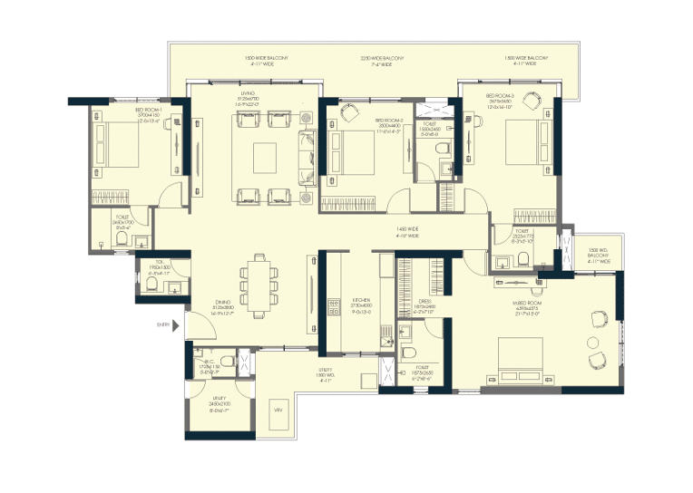 3 BHK floor plan preview